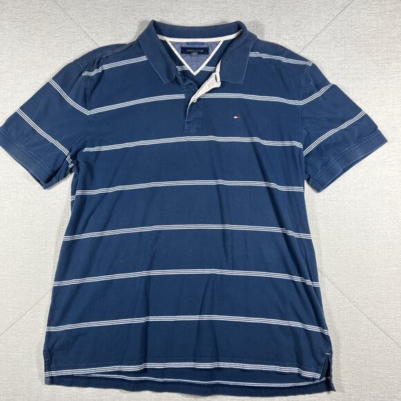 Mens TOMMY HILFIGER Navy Polo Shirt Size 2XL WHITE STRIPES Chest Logo - Picture 1 of 6